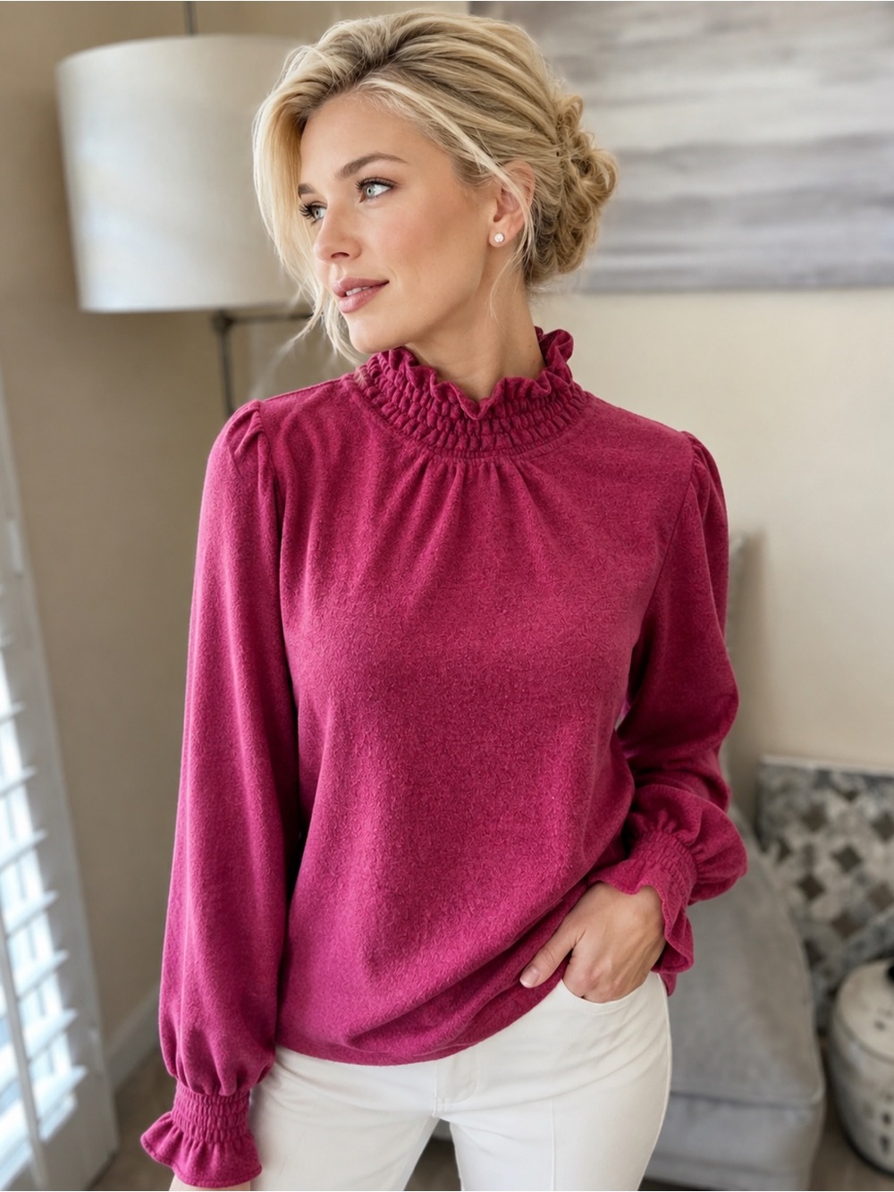 🌸NWOT DG2 by Diane Gilman Fuchsia Ruffle Neck Sweater